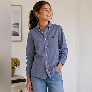 Brooks Brothers Girls L Gingham Check Shirt Navy White Cotton Button Down Fleece